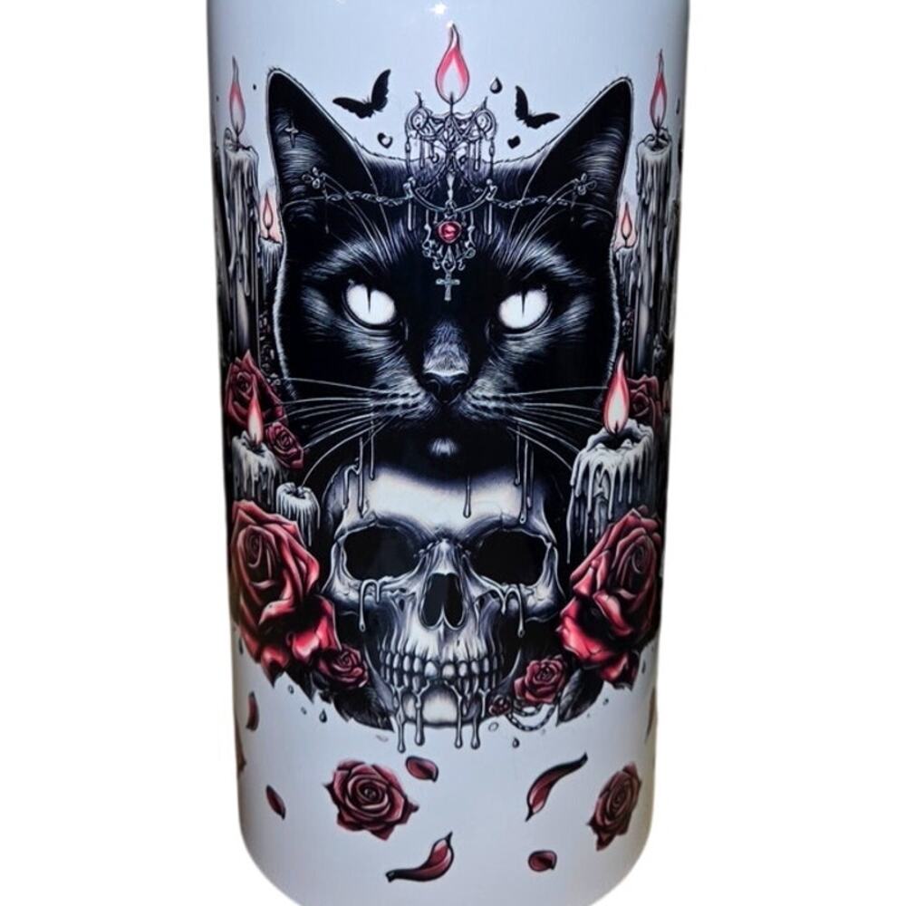 Cat & Skull Flower Halloween Water Bottle Stainless Steel Insulated w/ Straw